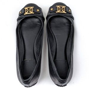 Tory Burch Leather Ballet Flats Cap Toe Balletcore Preppy Ambrose Black size 6.5
